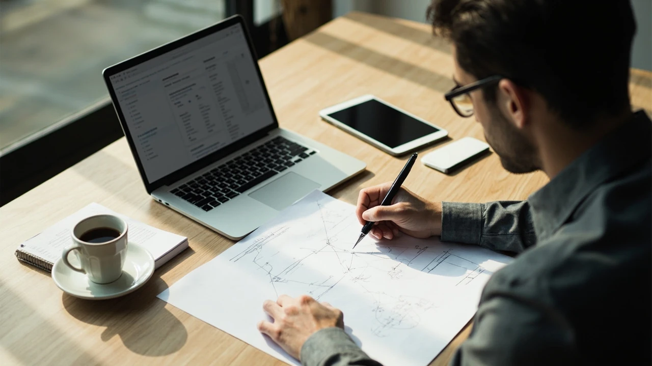Editor planning a website strategy at a desk with sketches and analytics on a laptop