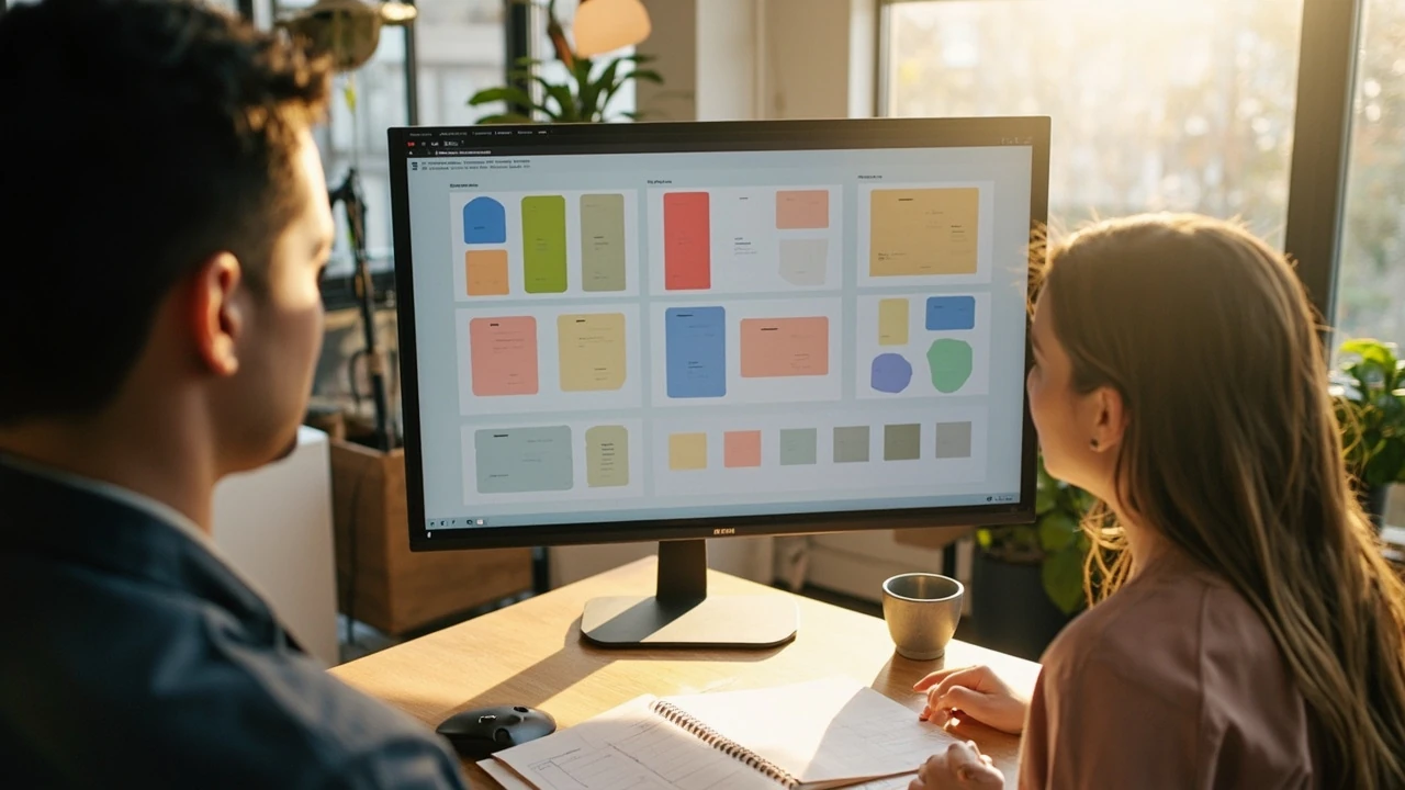 A product team reviewing design systems components on a shared screen