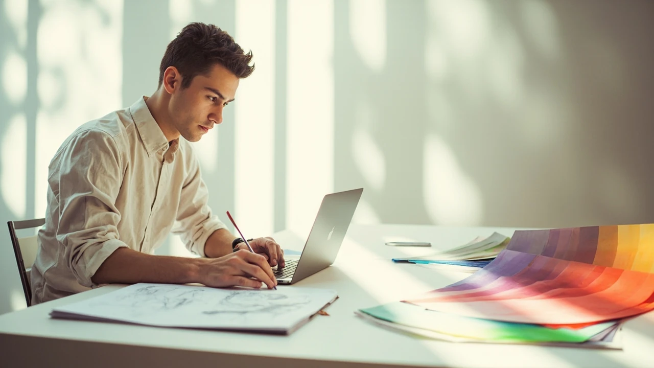 Designer reviewing graphic design jobs on a laptop