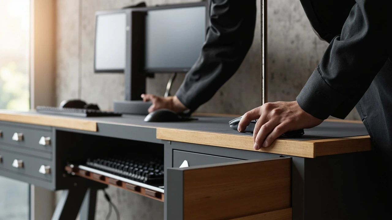 Person measuring a gaming desk layout with monitor and peripherals
