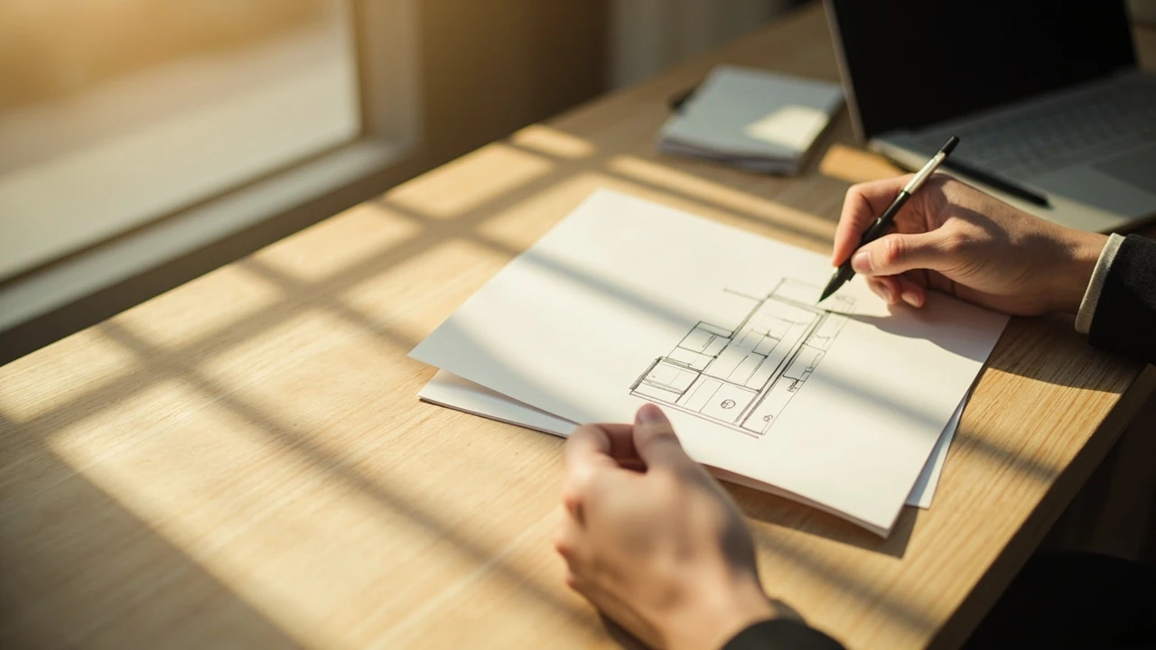 Designer reviewing peak design sketches at a studio desk