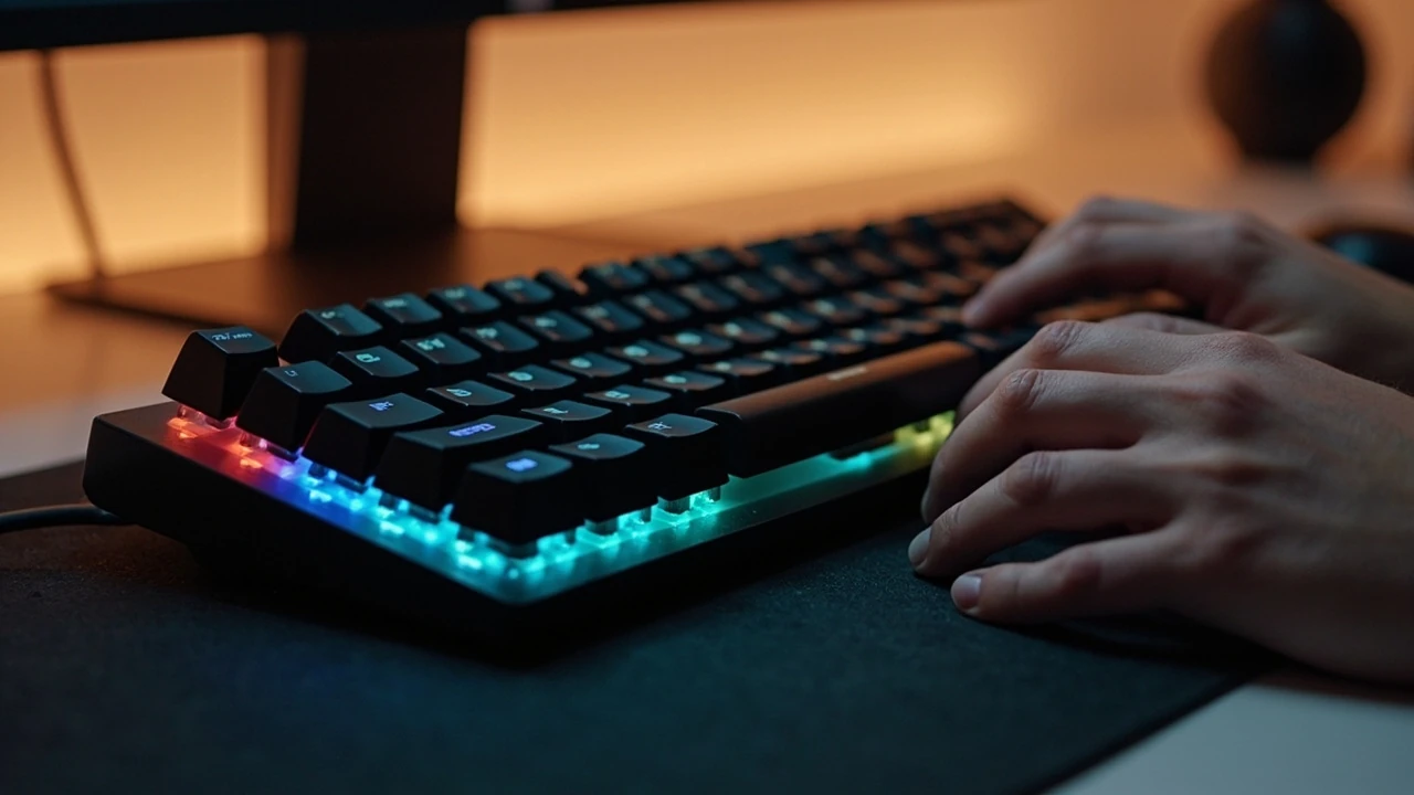 Hands typing on a backlit mechanical gaming keyboard at a desk