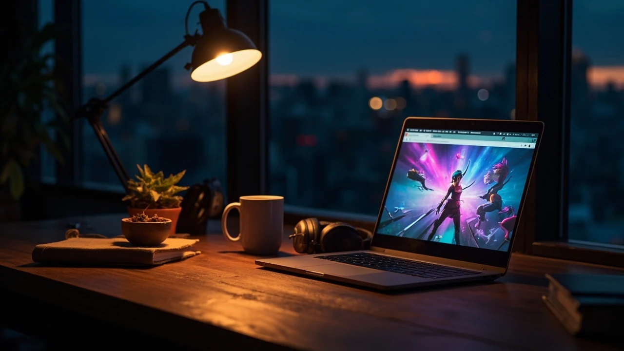 A laptop on a desk running a browser game, illustrating instant gaming