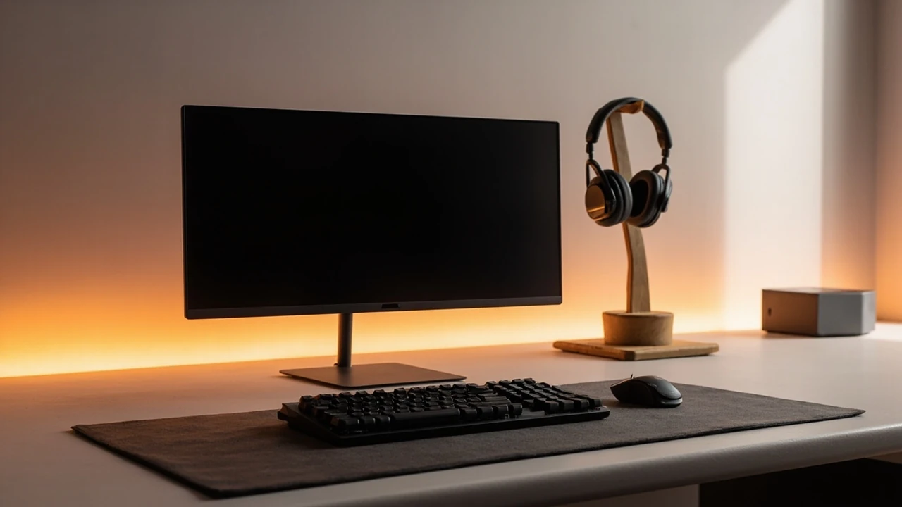 Person adjusting a gaming setup at a tidy desk with monitor, keyboard, and headphones