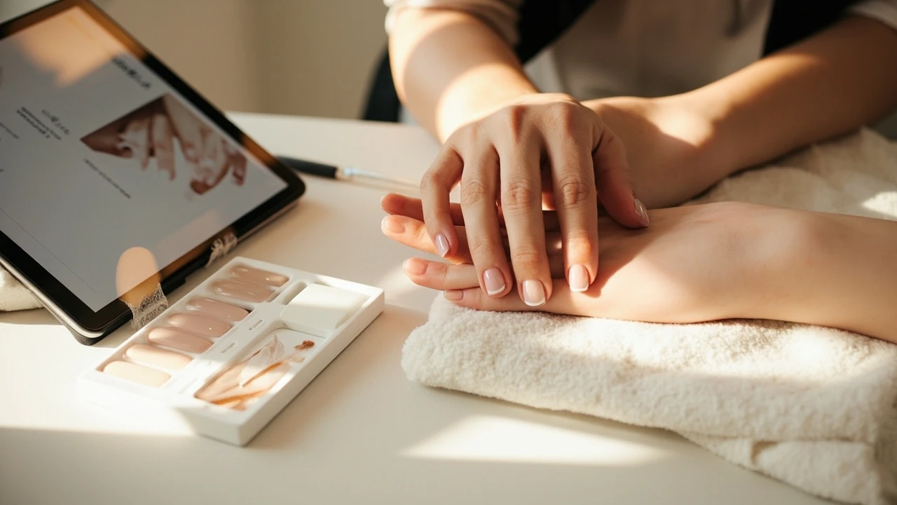 A nail technician shaping nail design ideas on a client hand at a studio desk