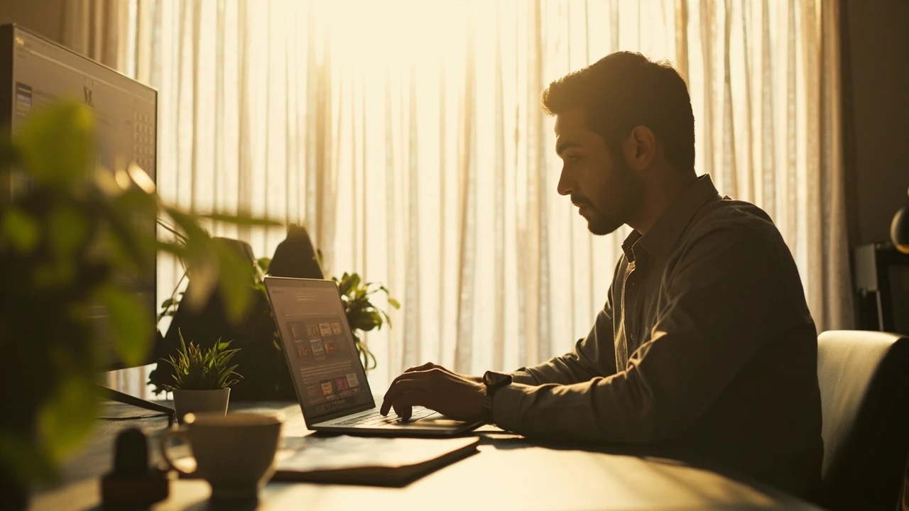 Designer browsing a motion array of video templates on a laptop