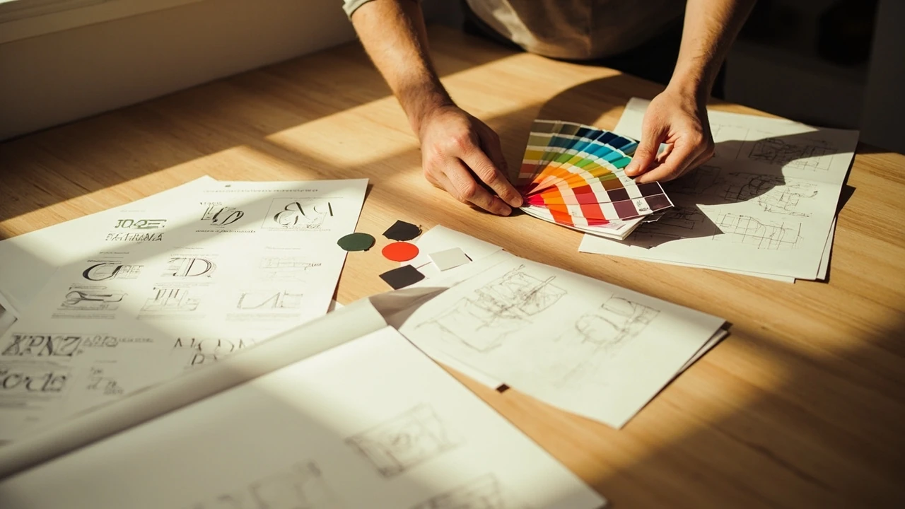 A designer arranging design essentials on a workspace with type, color, and grid references