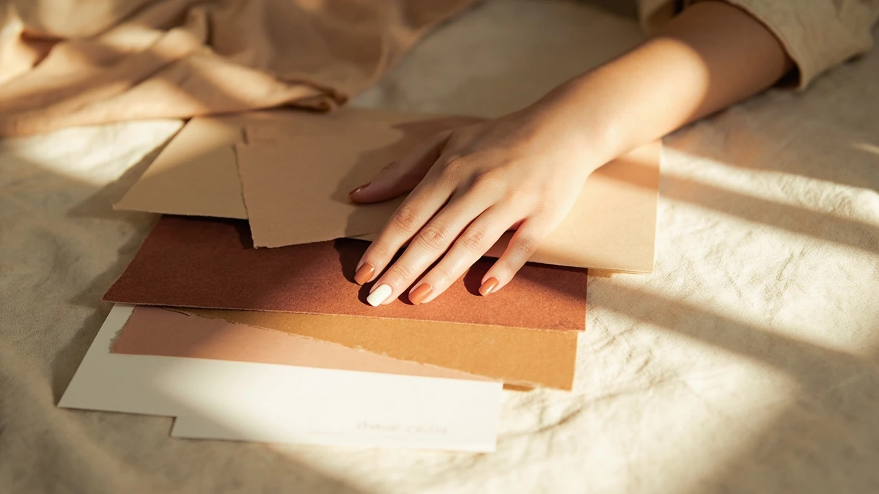 A close-up editorial photograph of a hand with refined nail design beside a brand moodboard