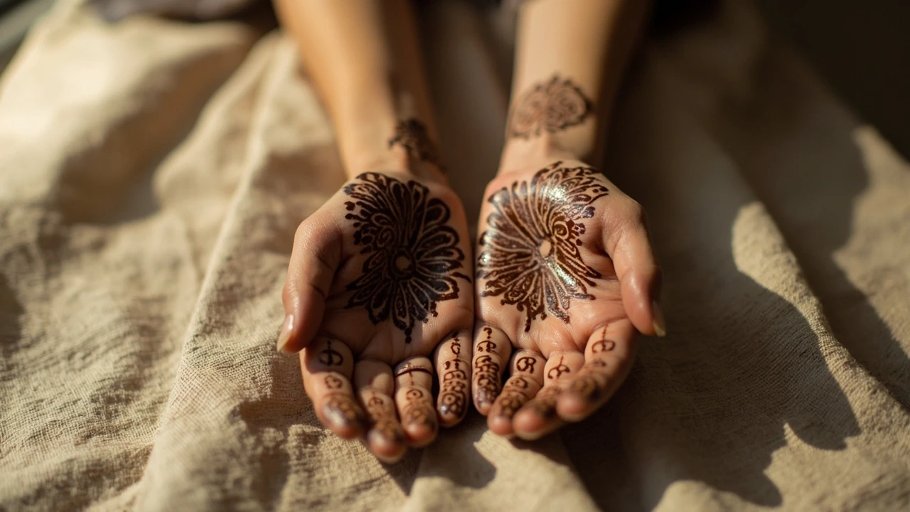 Hands resting on linen showing a fresh mehndi design