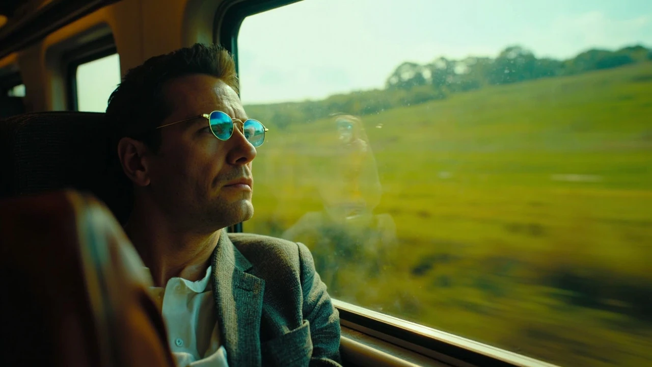 A passenger wearing motion sickness glasses while looking out a train window