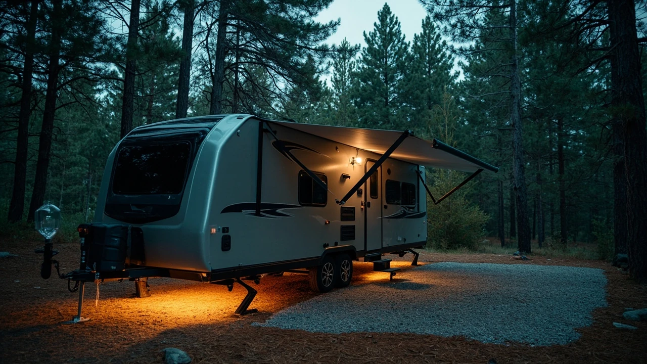 Grand Design RV travel trailer at a wooded campsite