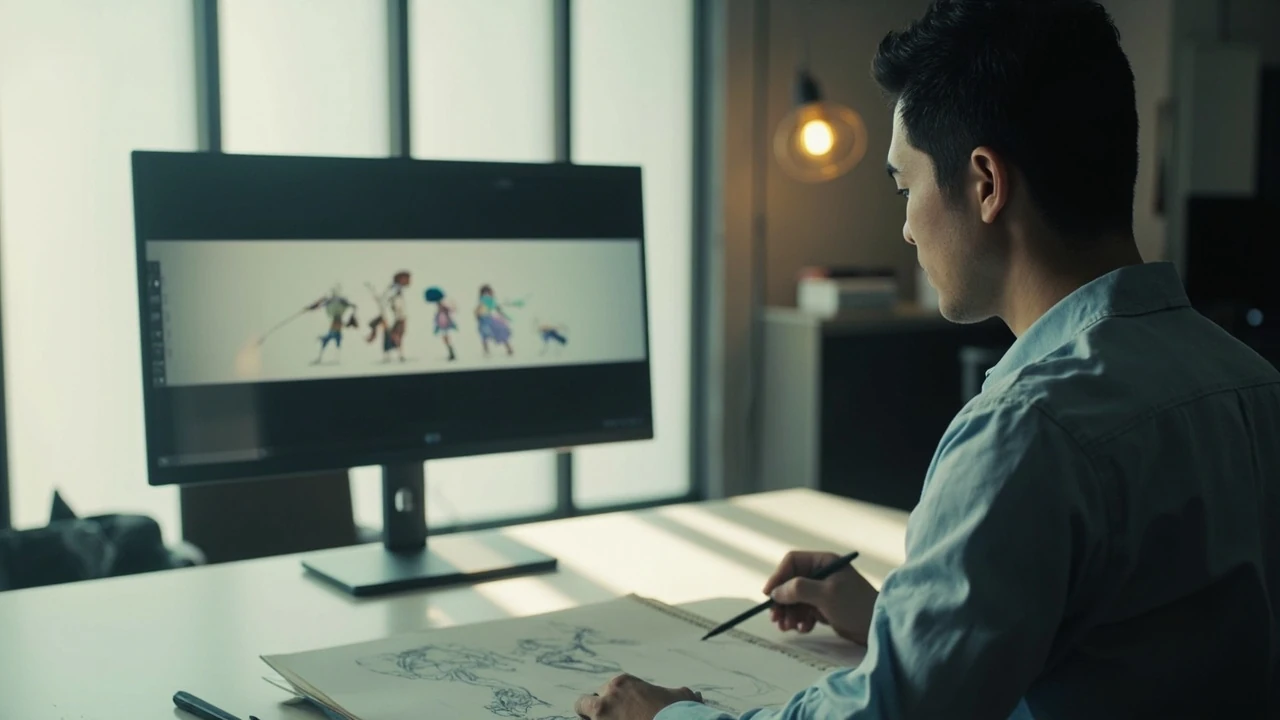 A digital artist studying frames of character animation on a studio display