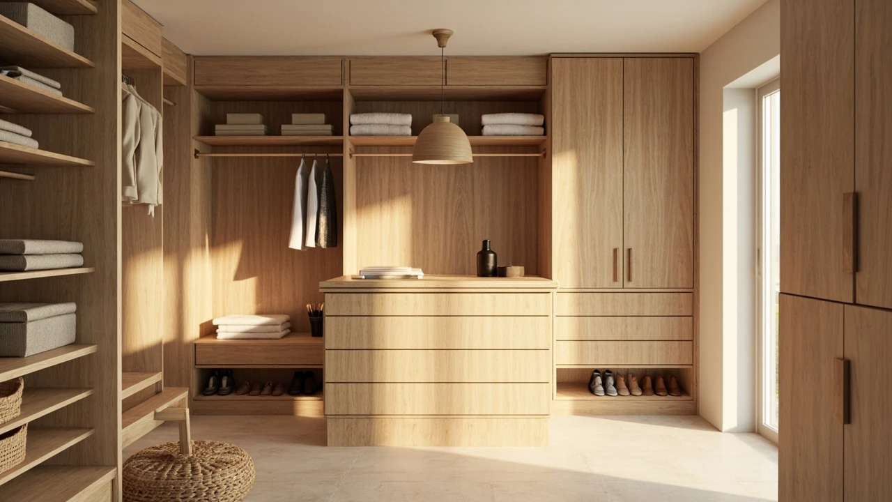 A custom walk-in closet by design with wood shelving, hanging space, and drawers