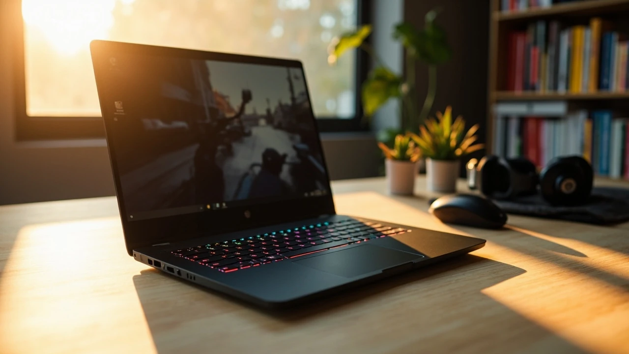 An MSI gaming laptop on a wooden desk beside a headset and mouse