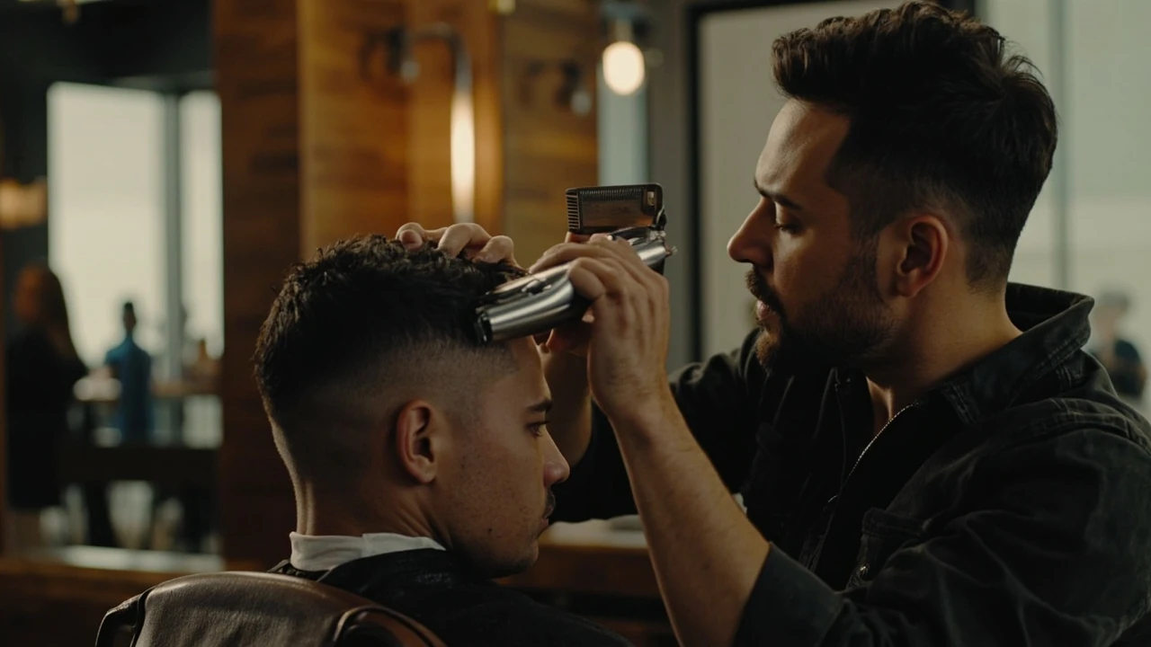 Barber sketching a burst fade design on a client's head