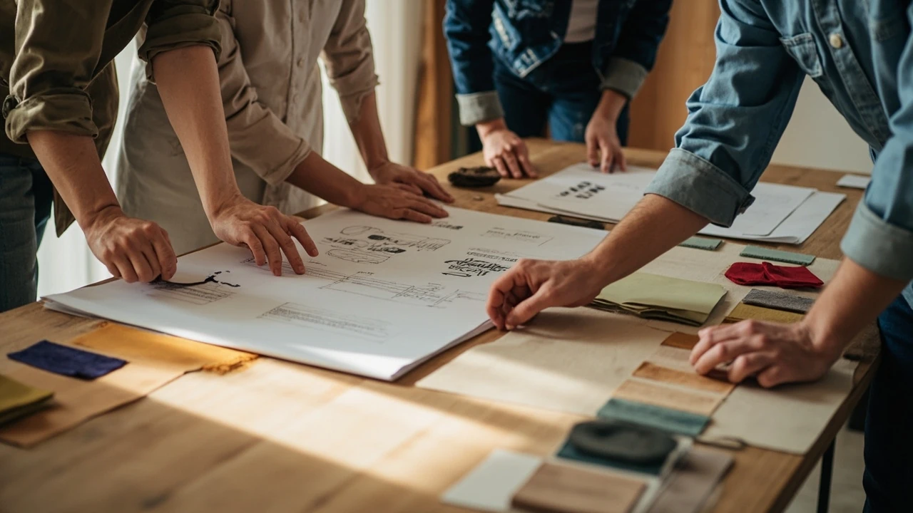 A studio team aligning sketches, type samples, and color swatches around a grand design concept board