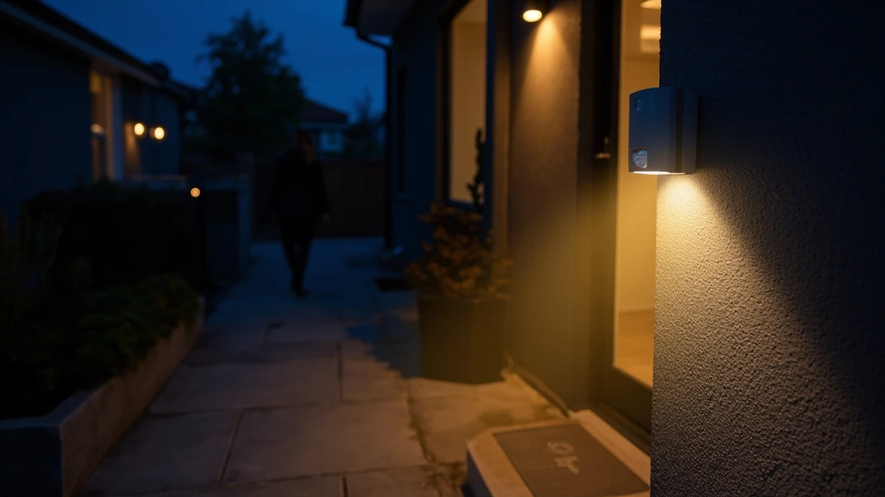 Motion sensor light mounted on an exterior wall, illuminating a walkway at dusk
