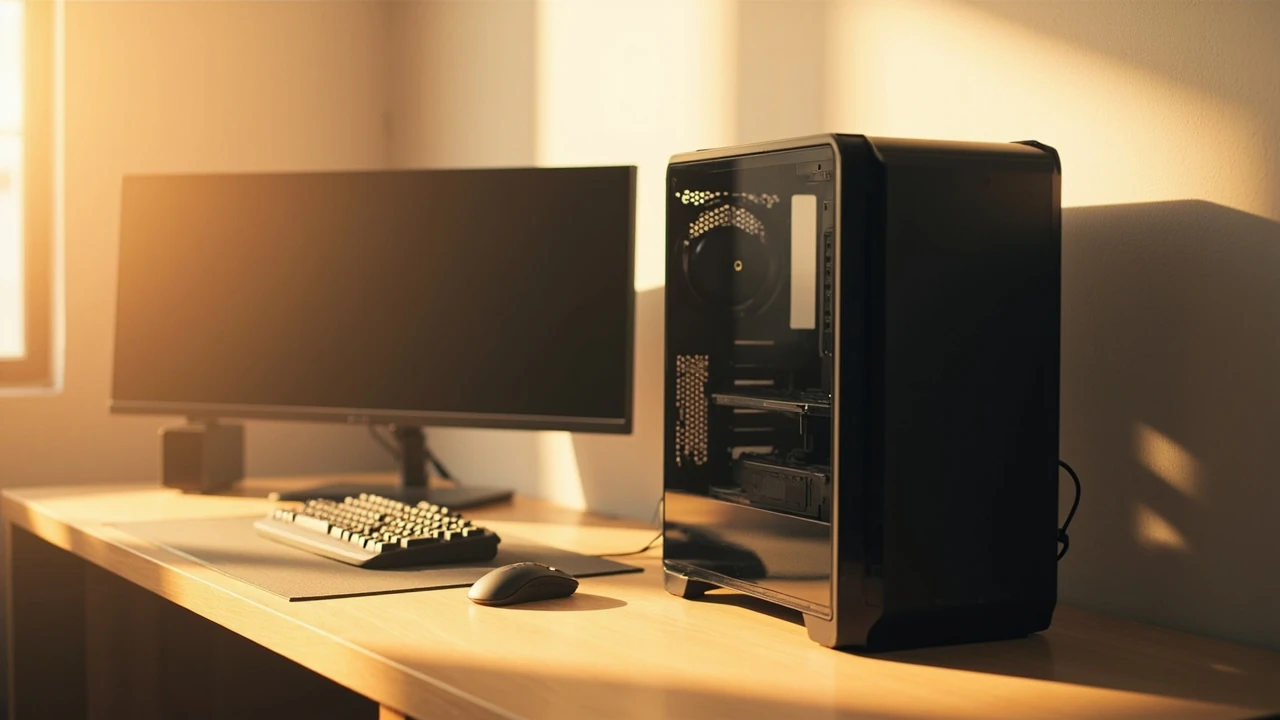 Skytech gaming prebuilt PC tower on a desk with monitor and peripherals