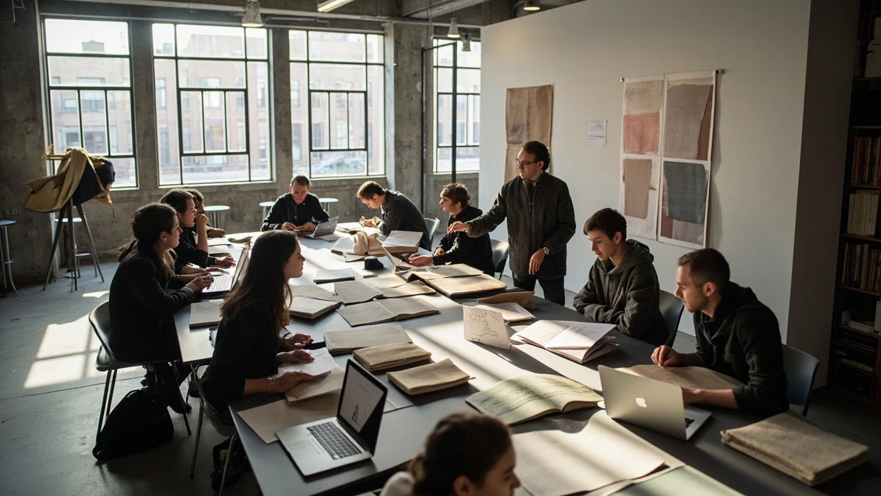 Parsons School of Design studio with students reviewing portfolio work