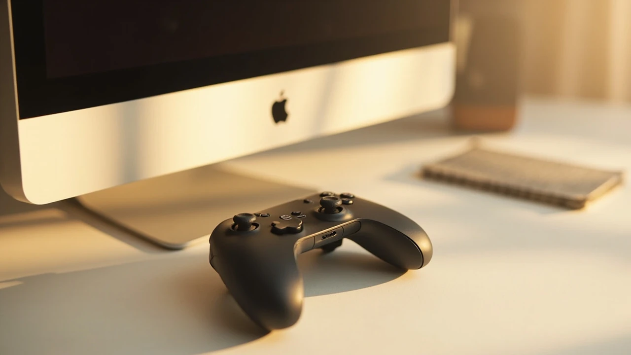A modern gaming controller resting on a desk beside a monitor and a notebook