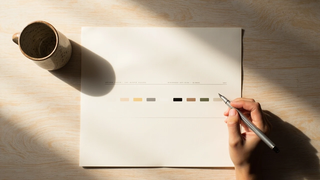 A designer reviewing layered border design samples on a printed style sheet