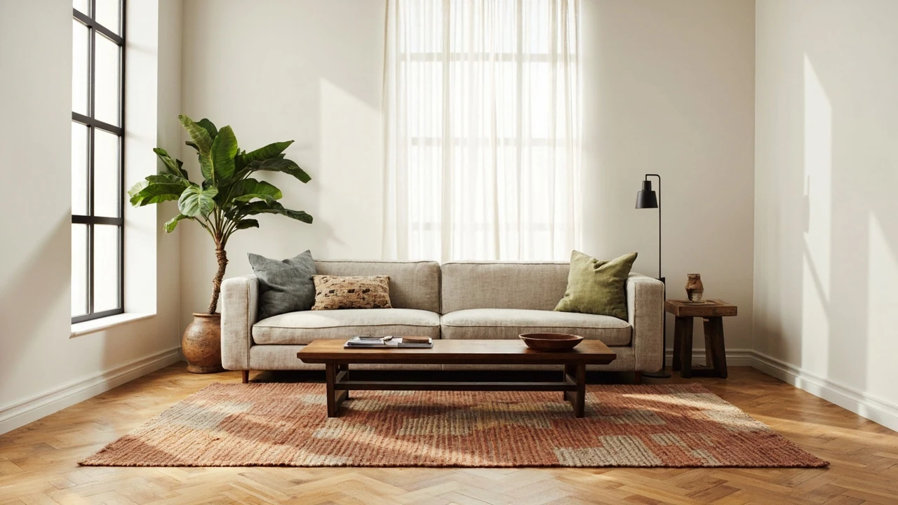 Living room featuring layered interior design styles with warm wood and soft textiles