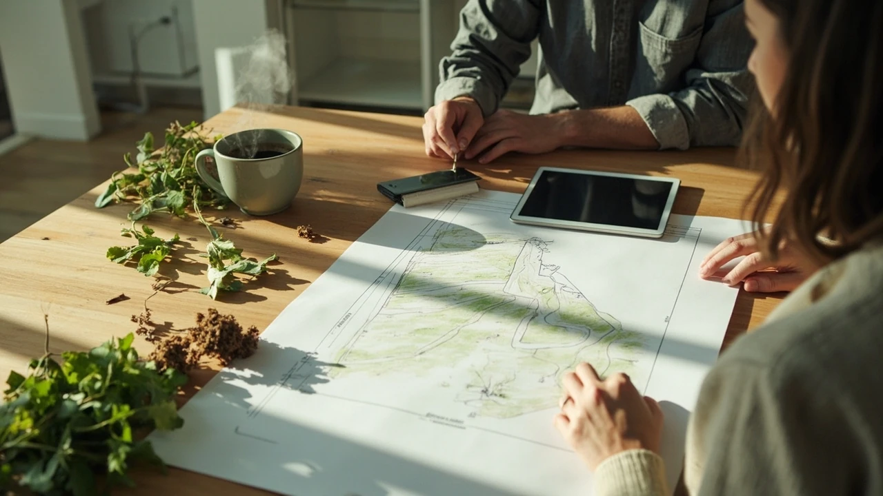 Landscape design near me consultation with a local designer reviewing a site plan