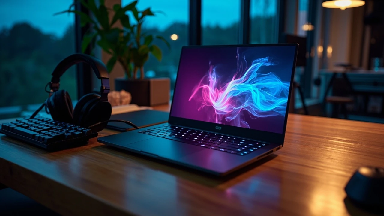 A Lenovo gaming laptop on a wooden desk beside a headset and controller