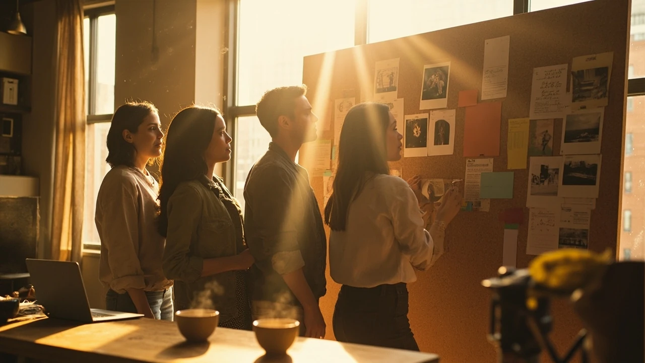 A design team reviewing creative memories pinned on a studio wall