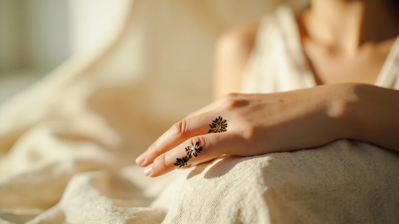 Hand resting on linen showing a simple mehndi design with clean lines