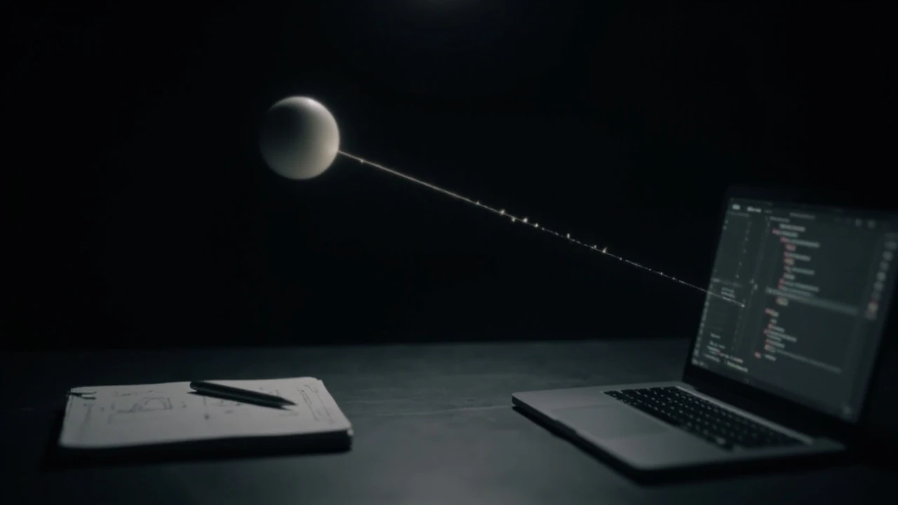 Projectile motion visualized as a glowing parabolic arc on a dark studio backdrop