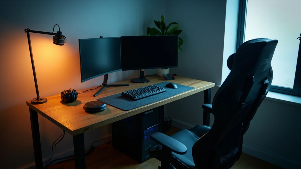 Person sitting at an l shaped gaming desk with two monitors in a corner setup