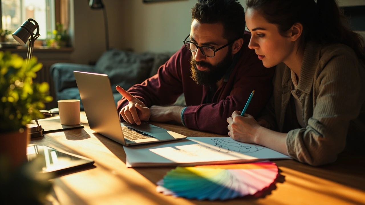 Two friends collaborating on a design with friends project at a shared laptop