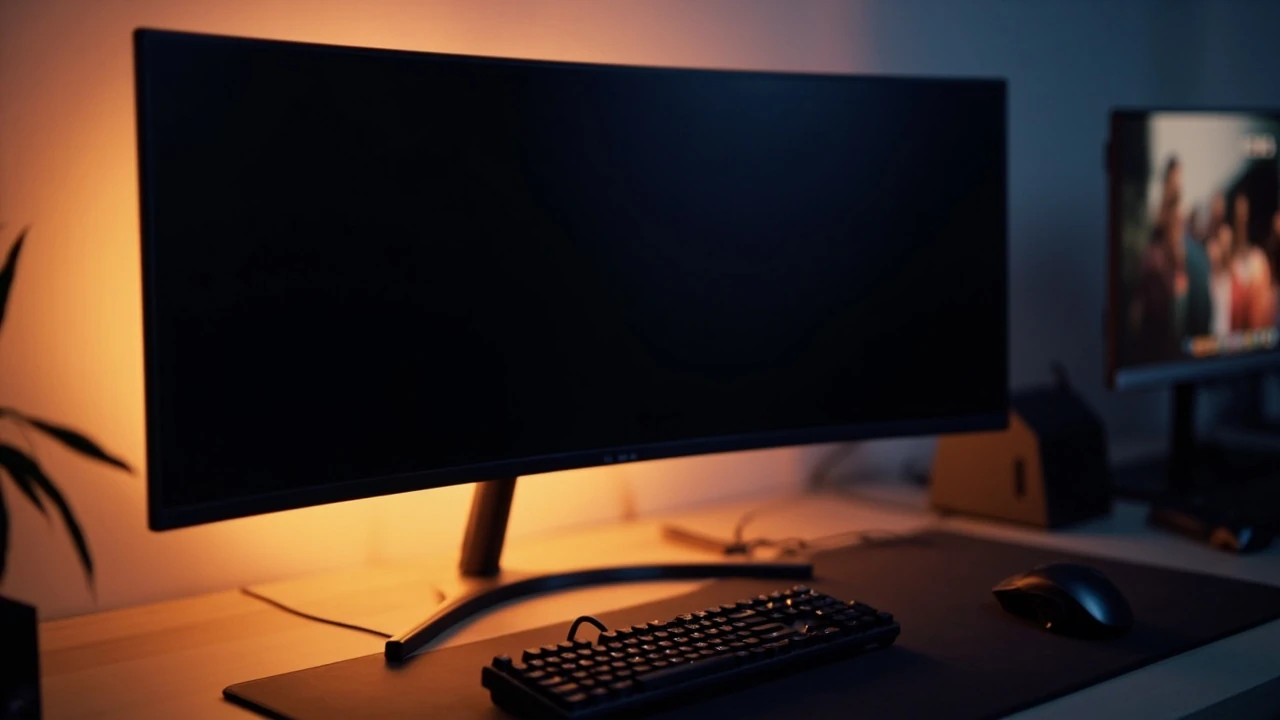 Person adjusting a curved gaming monitor on a desk setup