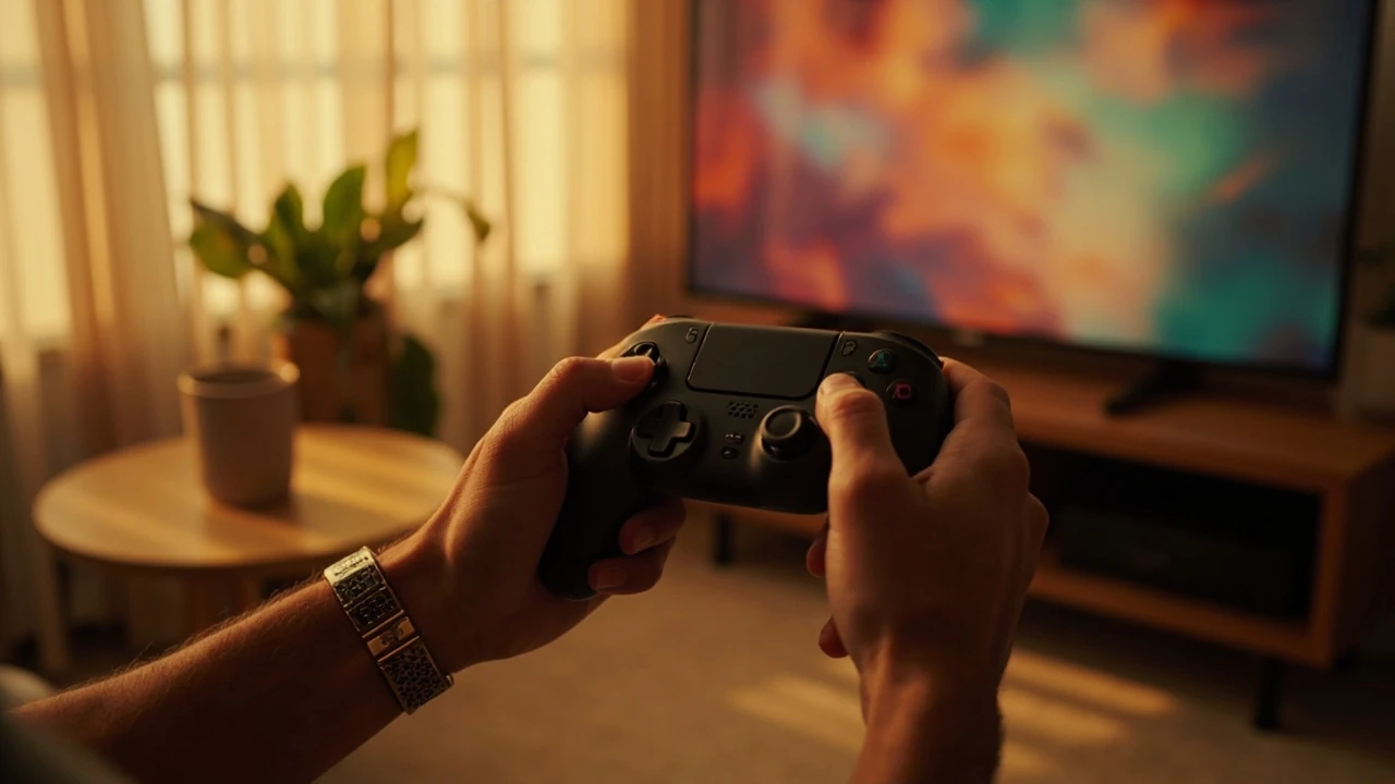 Hands holding a modern gaming console controller in a living room setting
