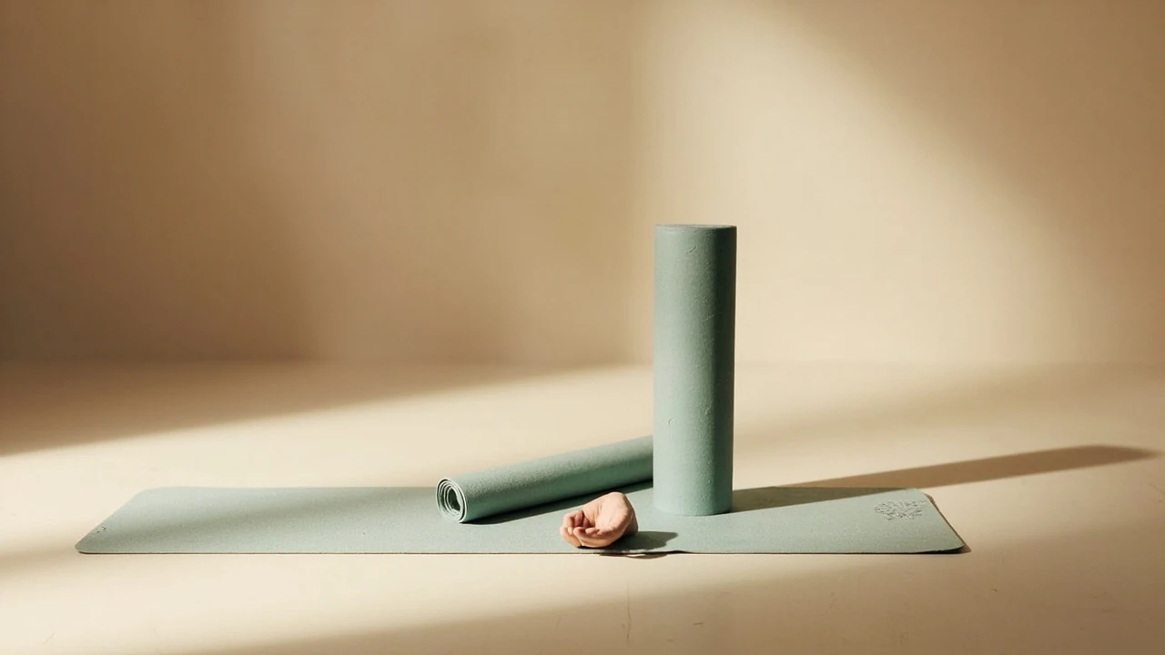 Rolled yoga design lab infinity yoga mat on a studio floor