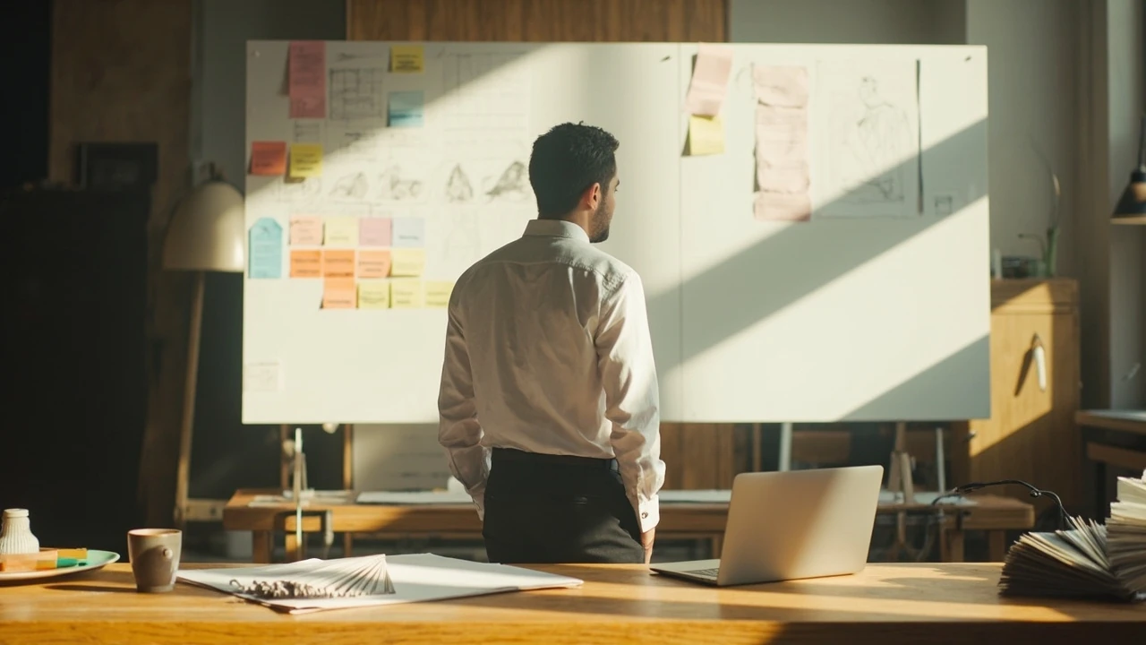 Designer working through a creative planning workflow on a project wall