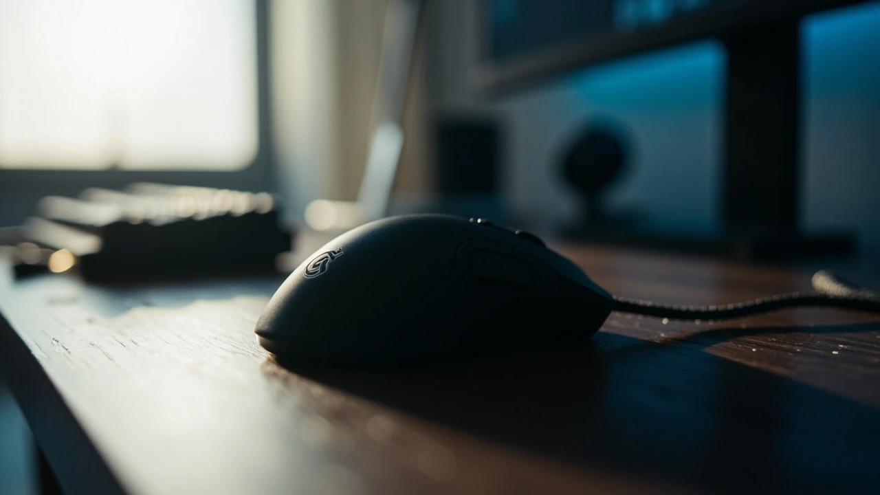 A modern wireless gaming mouse resting on a clean desk setup