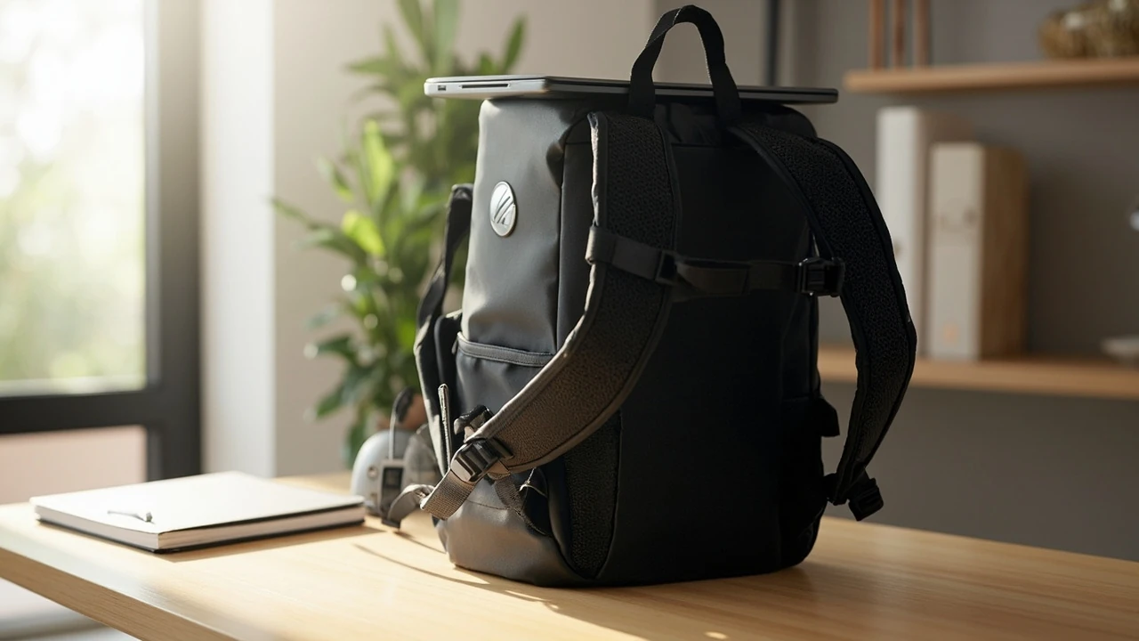 HP Pavilion Gaming Backpack 500 on a desk next to a gaming laptop