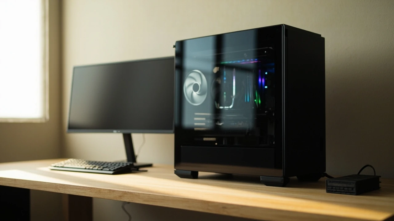 A clean desk setup showcasing an apex gaming PC tower with subtle RGB lighting