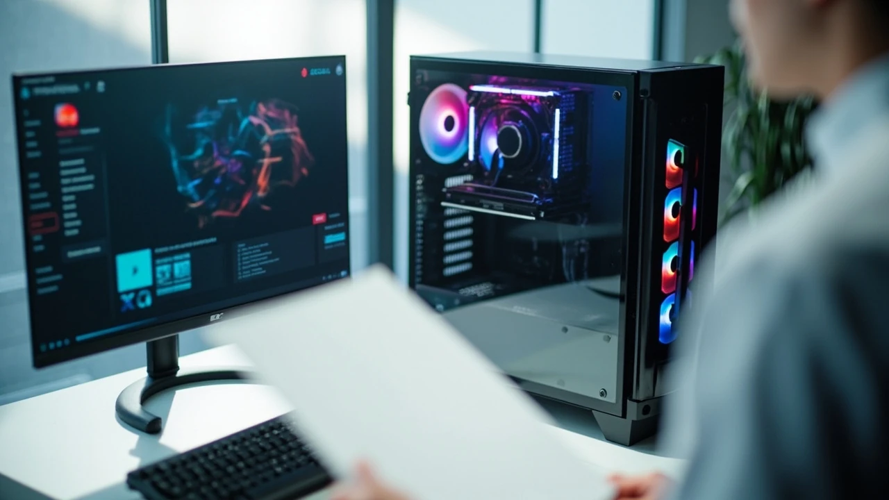 Hands reviewing an iBUYPOWER gaming PC tower on a desk