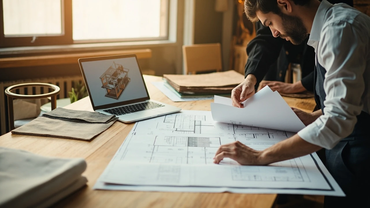 An interior design studio with material samples, drawings, and a designer reviewing plans
