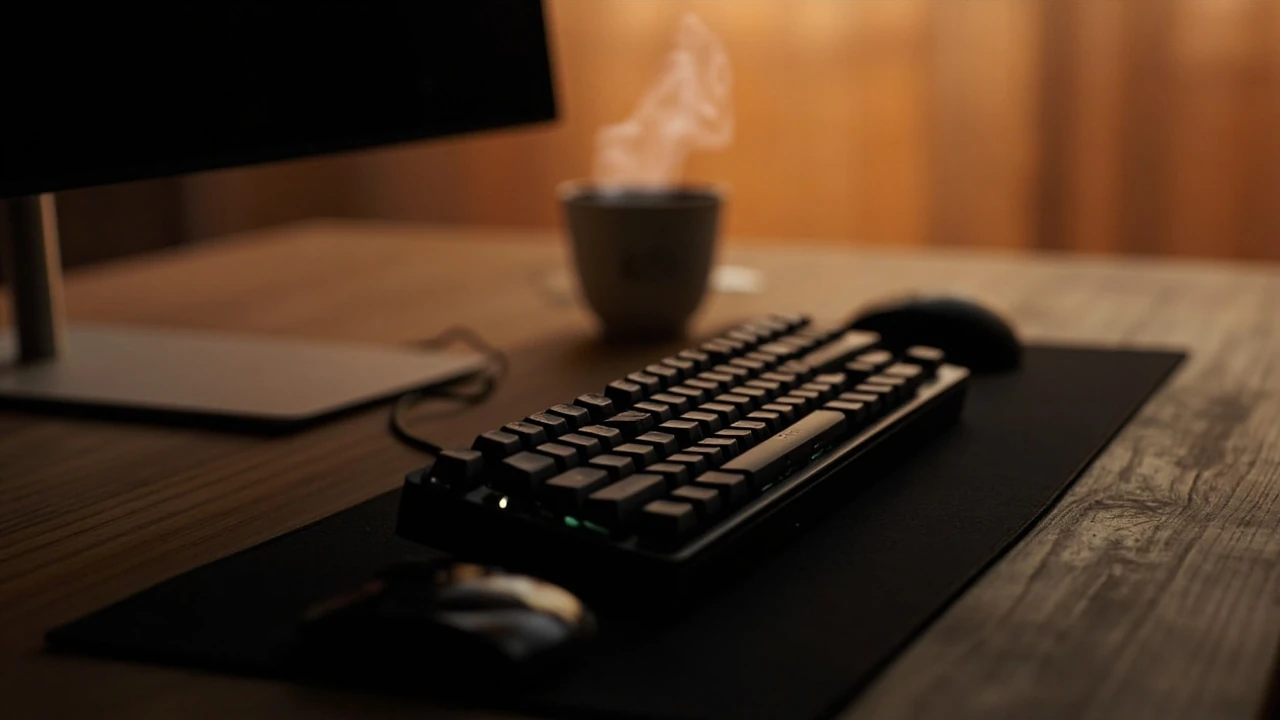 A gaming keyboard and mouse on a wooden desk next to a monitor