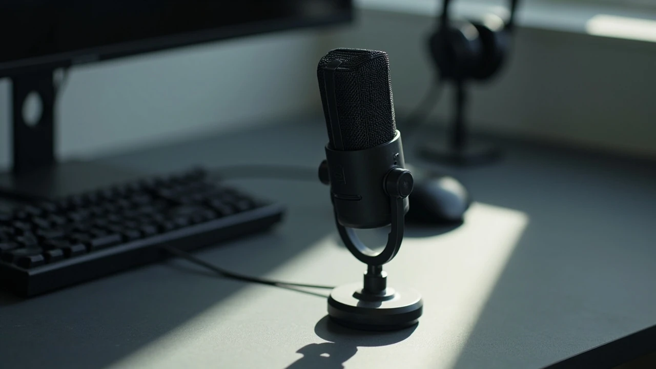 Gaming microphone on a desk next to a headset and keyboard
