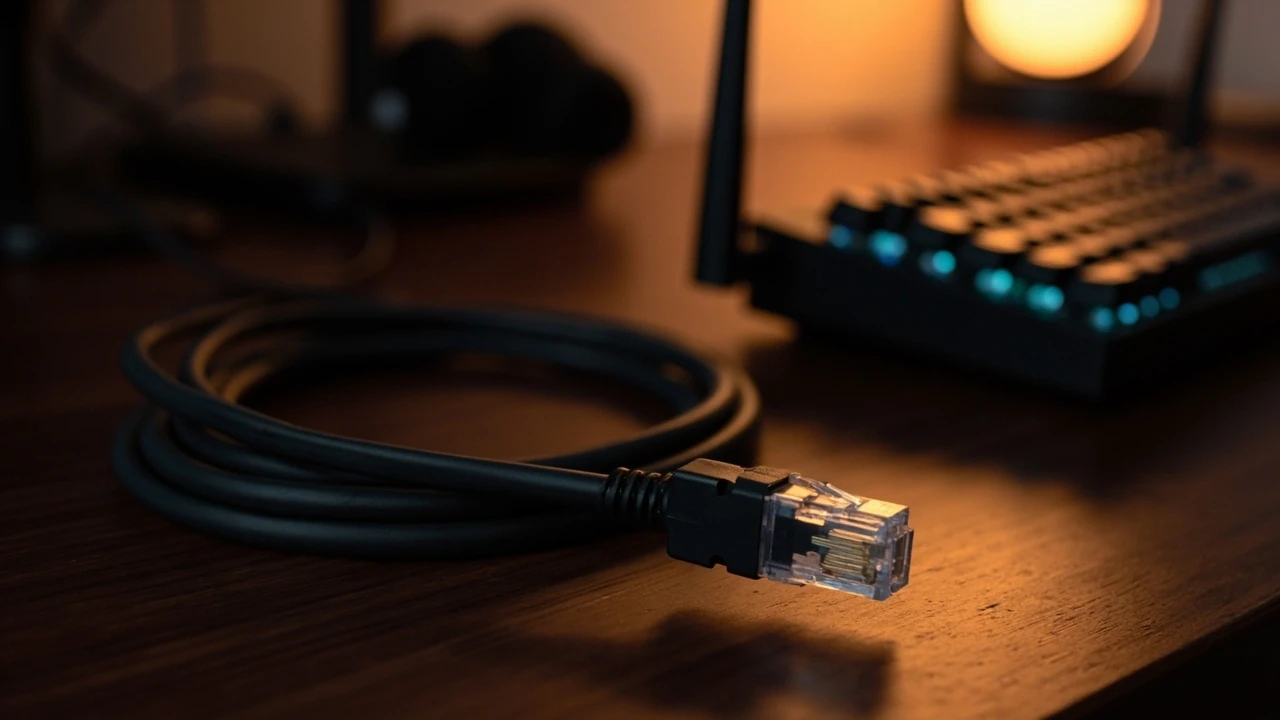 A coiled best ethernet cable for gaming resting on a dark desk beside a router and gaming keyboard