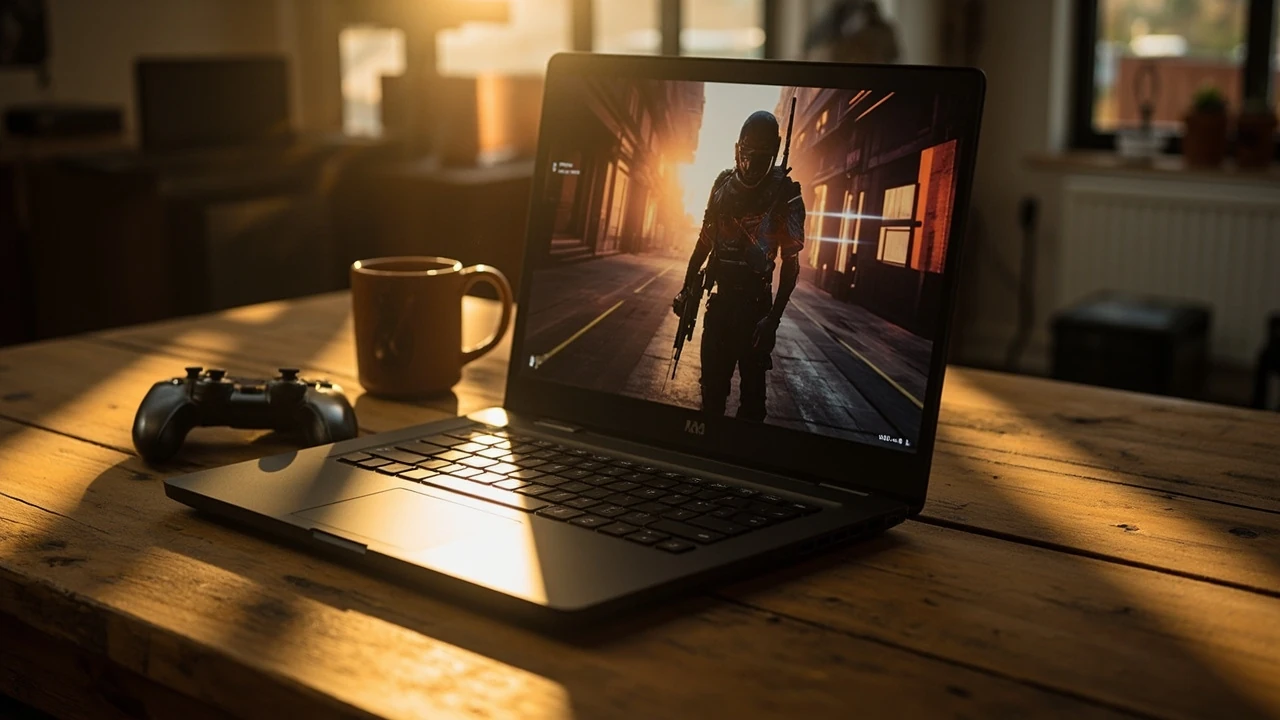 A budget gaming laptop under $500 open on a wooden desk with a controller beside it