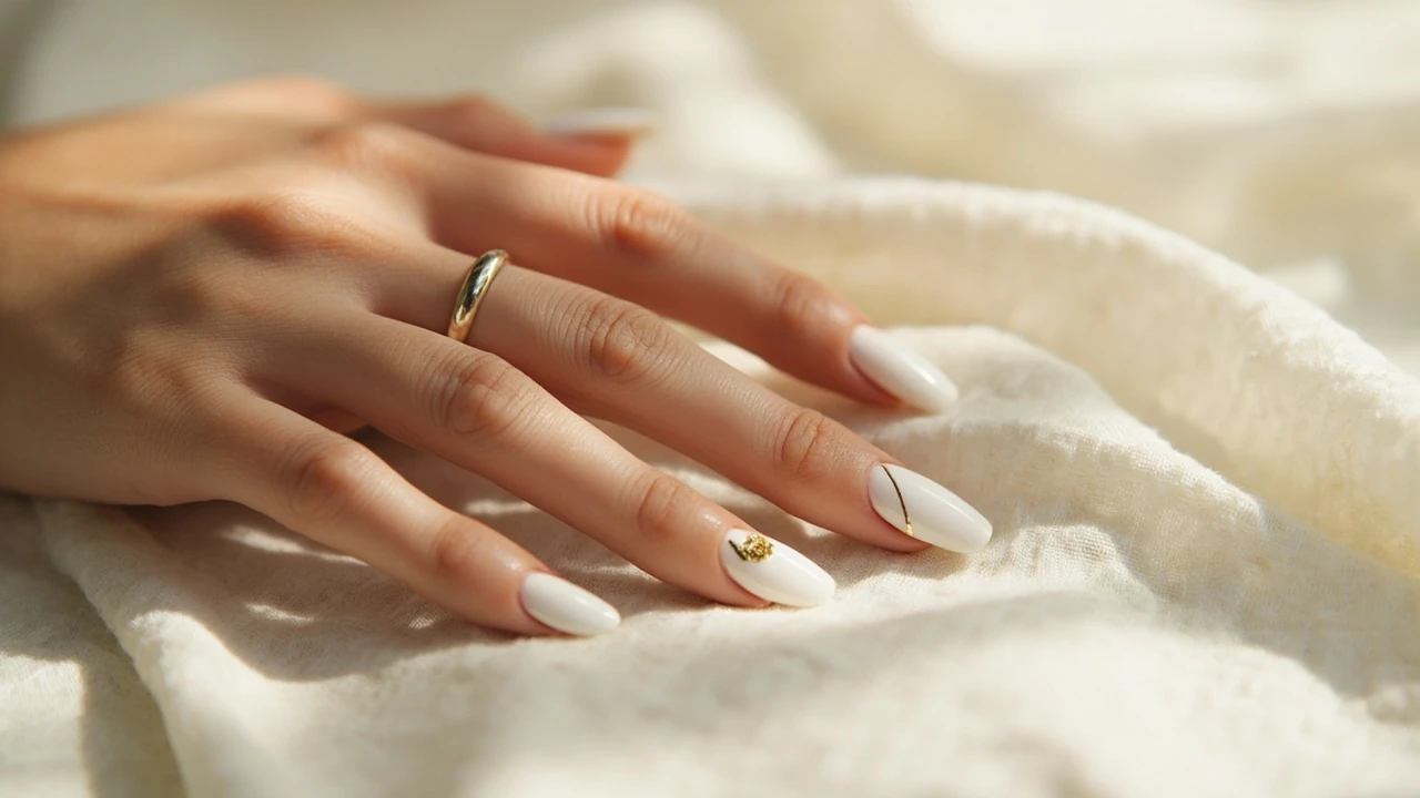 Hand with white nails with design and gold accents resting on a pale surface