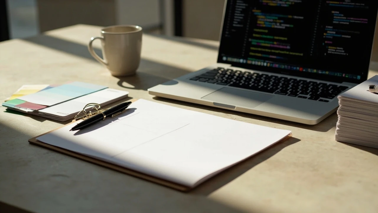 Brand asset handoff checklist for developers pinned next to a laptop with logo and color swatches