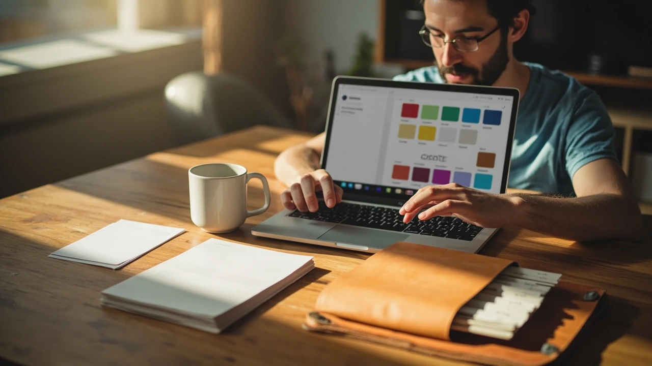 Designer reviewing a structured brand asset folder on a laptop