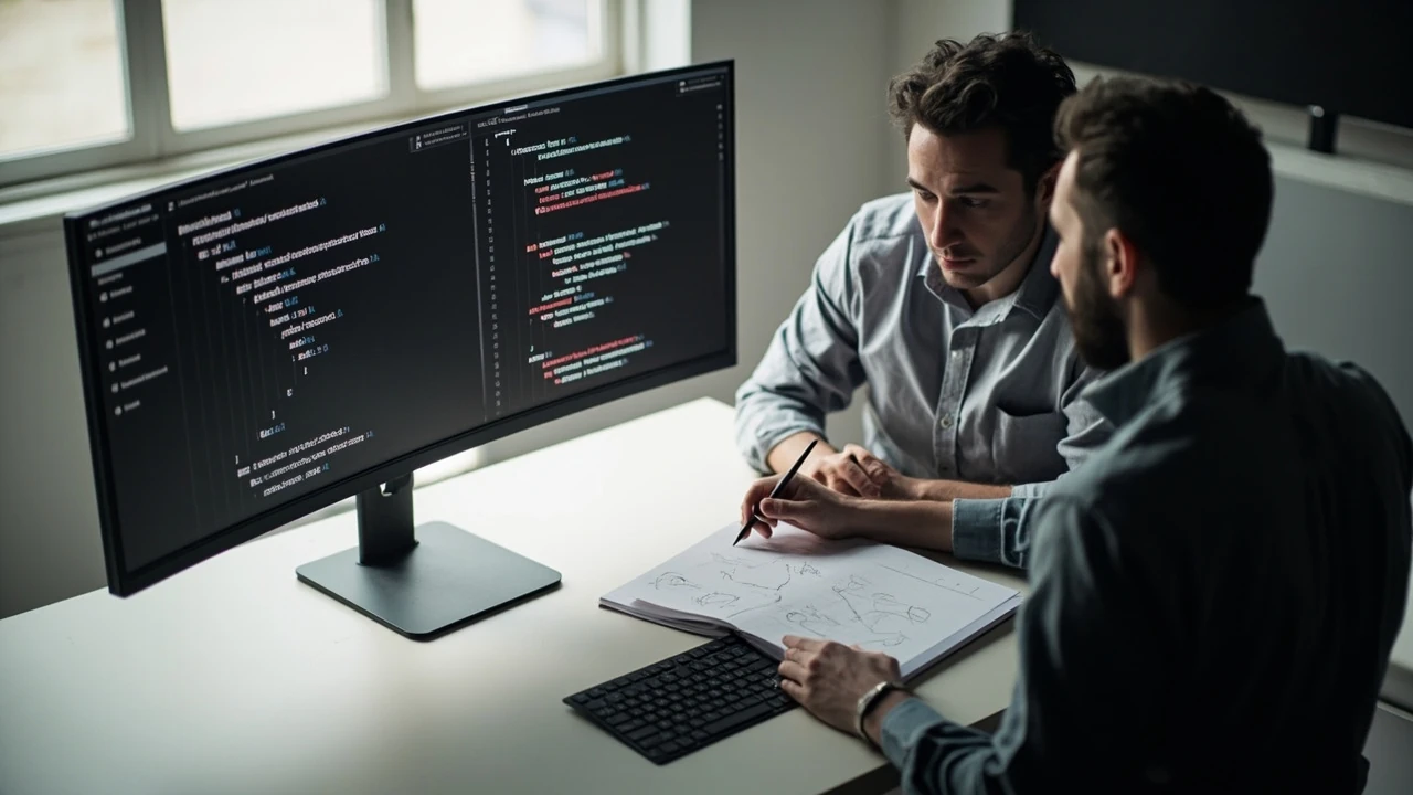 Designer handing off responsive typography specs to a developer at a shared screen